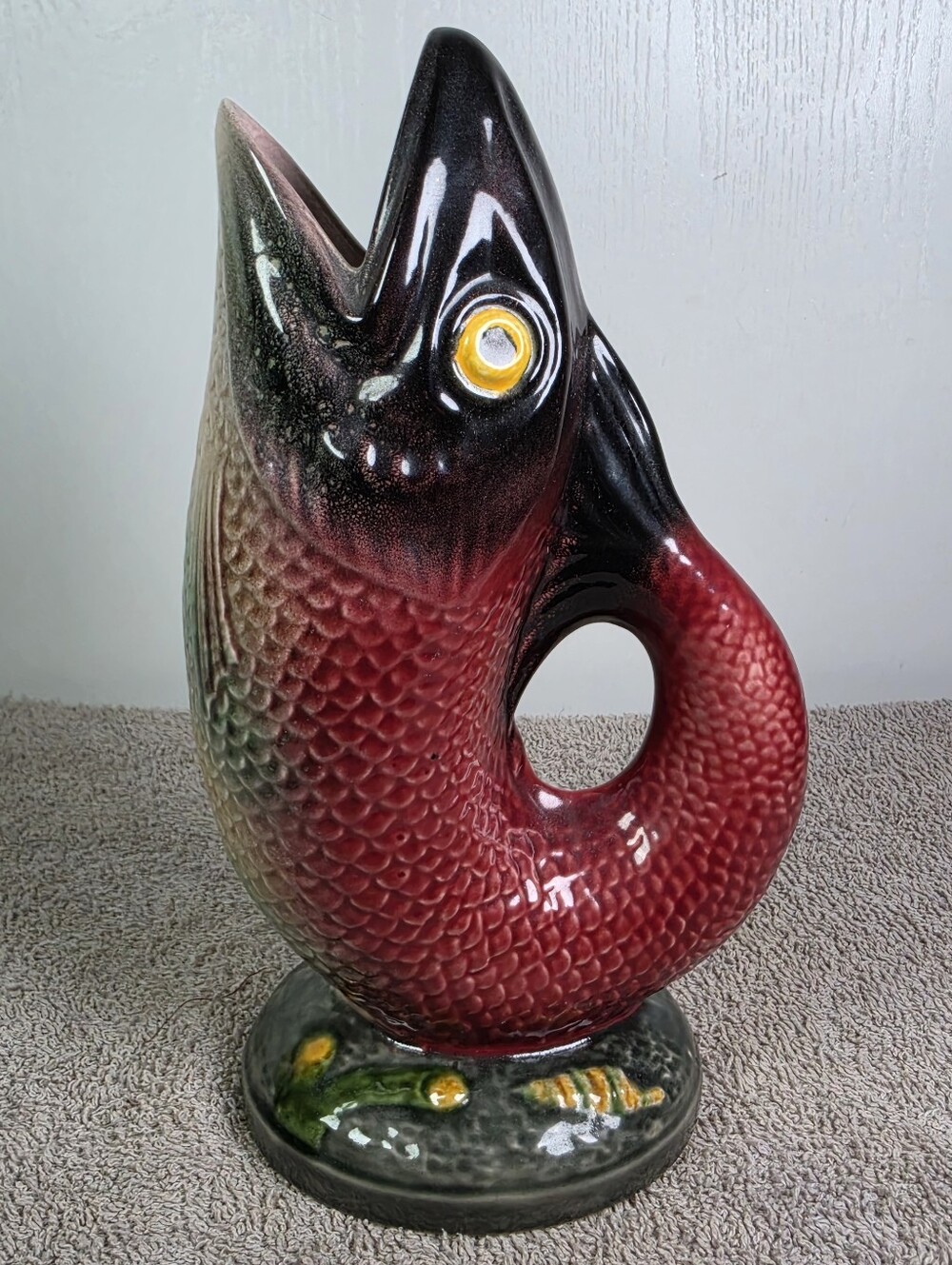 Vintage Mid Century Portuguese Hand Painted Majolica Fish Pitcher